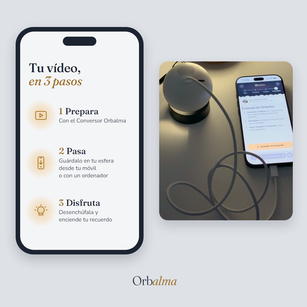 Tu vídeo en 3 pasos: prepáralo con el Conversor Orbalma, pásalo a la esfera desde tu móvil o con un ordenador y enciende tu recuerdo. Al lado, la esfera conectada a un iPhone.
