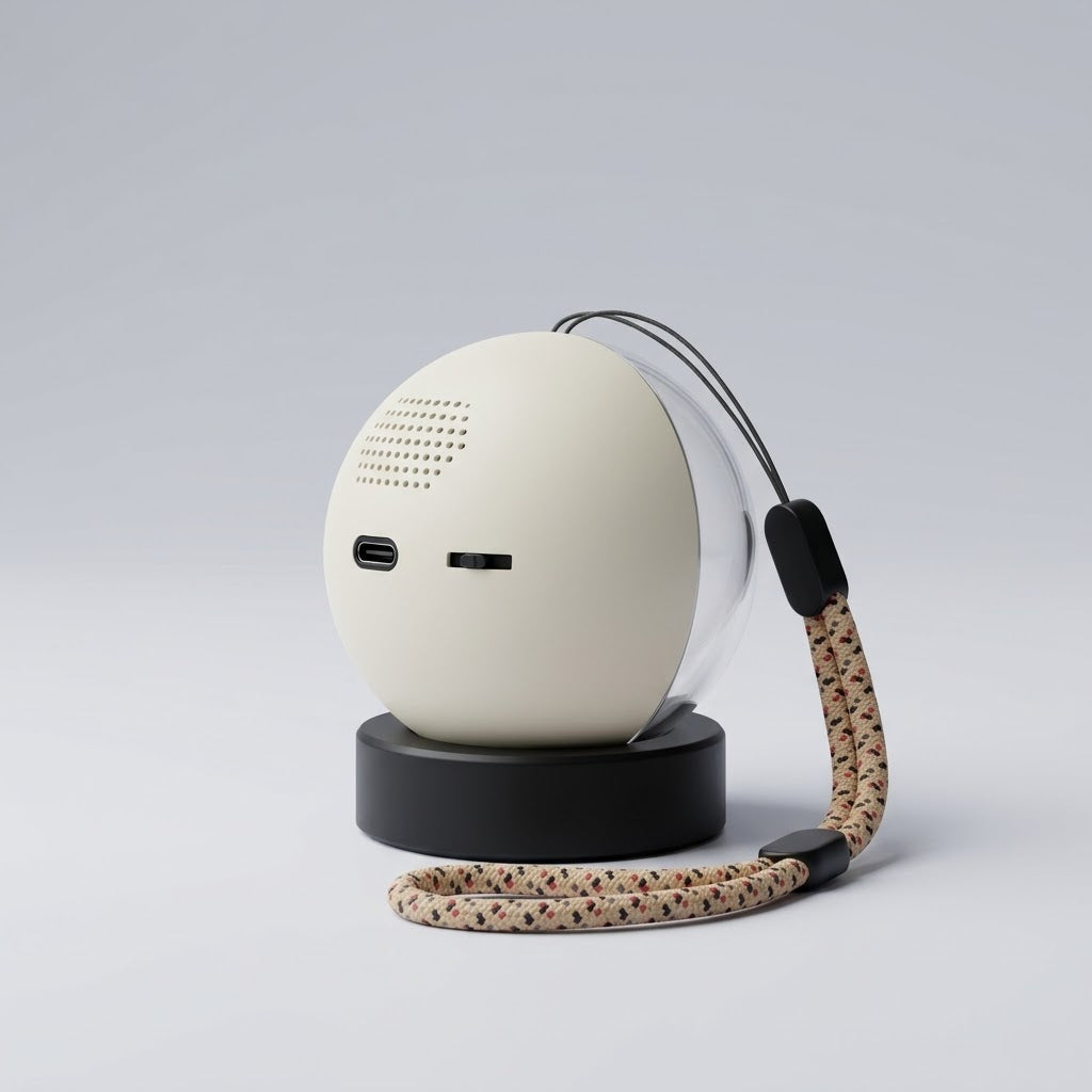 Parte trasera de la esfera Orbalma en color blanco, con su botón y la entrada del cable